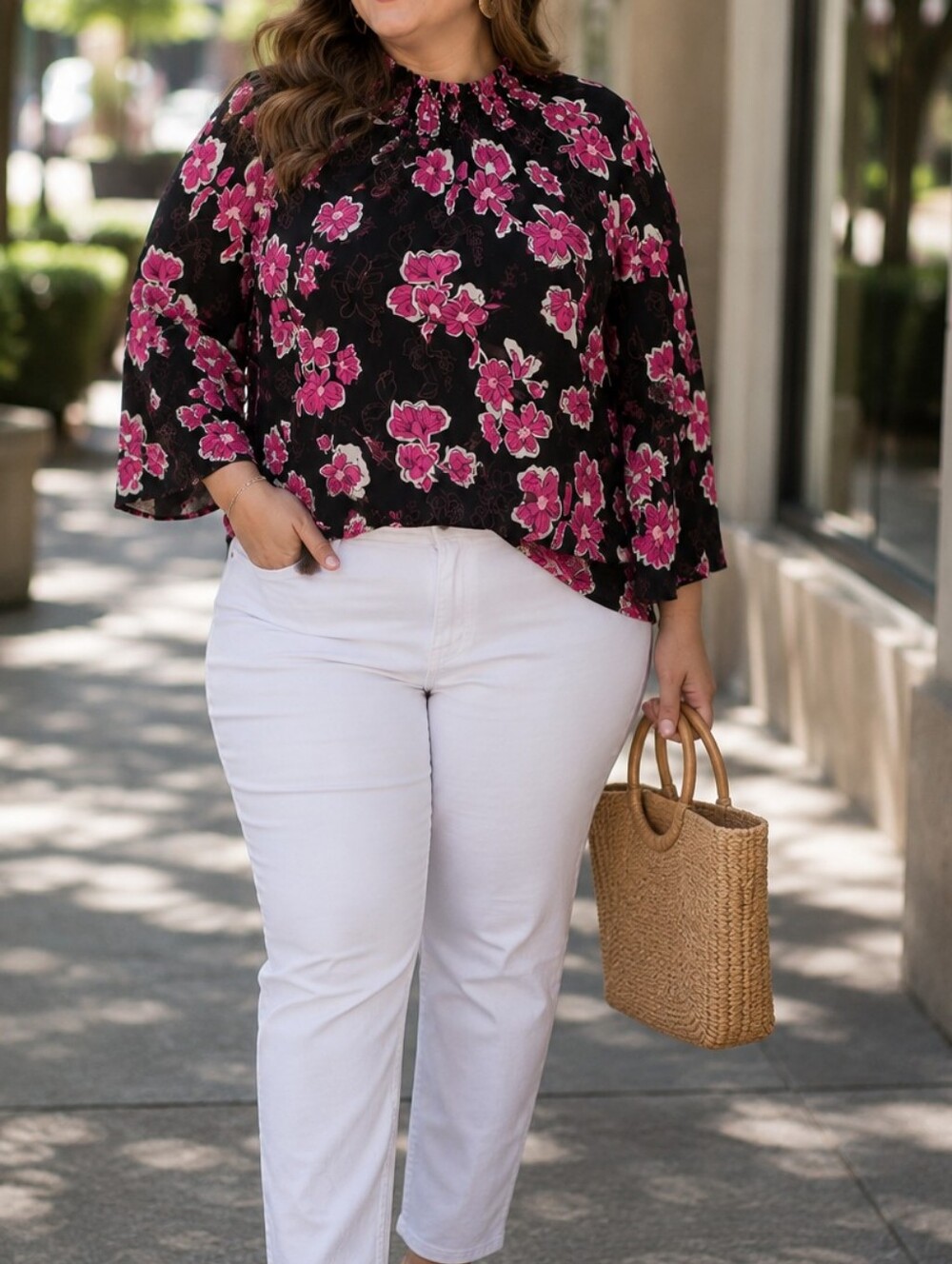 NWT Kaffe Plus Size Black Pink Floral Blouse Ruffle Neck Bell Sleeve Boho Top
